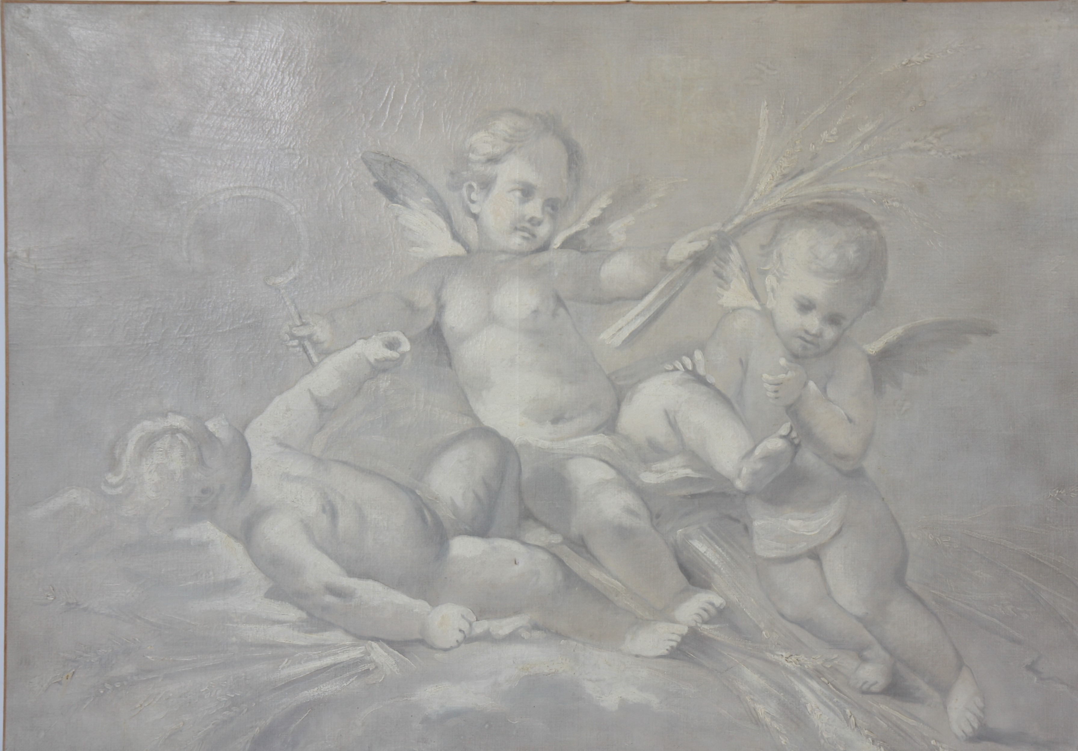 ENSEMBLE DE 3 GRISAILLES "AUX PUTTI" Huiles sur toiles. Restaurations d'usage et [...] - Image 2 of 3