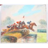 TABLEAU "COURSE DE CHEVAUX, SAUT DE HAIE, LE 5 " DE GENA PECHAUBES Huile sur toile, [...]