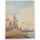 AQUARELLE ORIENTALISTE "PORT MEDITERRANEEN" DE HERMANN GIESEL (1847-1906) Aquarelle [...]