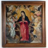 TABLEAU "VIERGE EN MAJESTE" ECOLE ITALIENNE FIN XVIIè Huile sur panneau, [...]