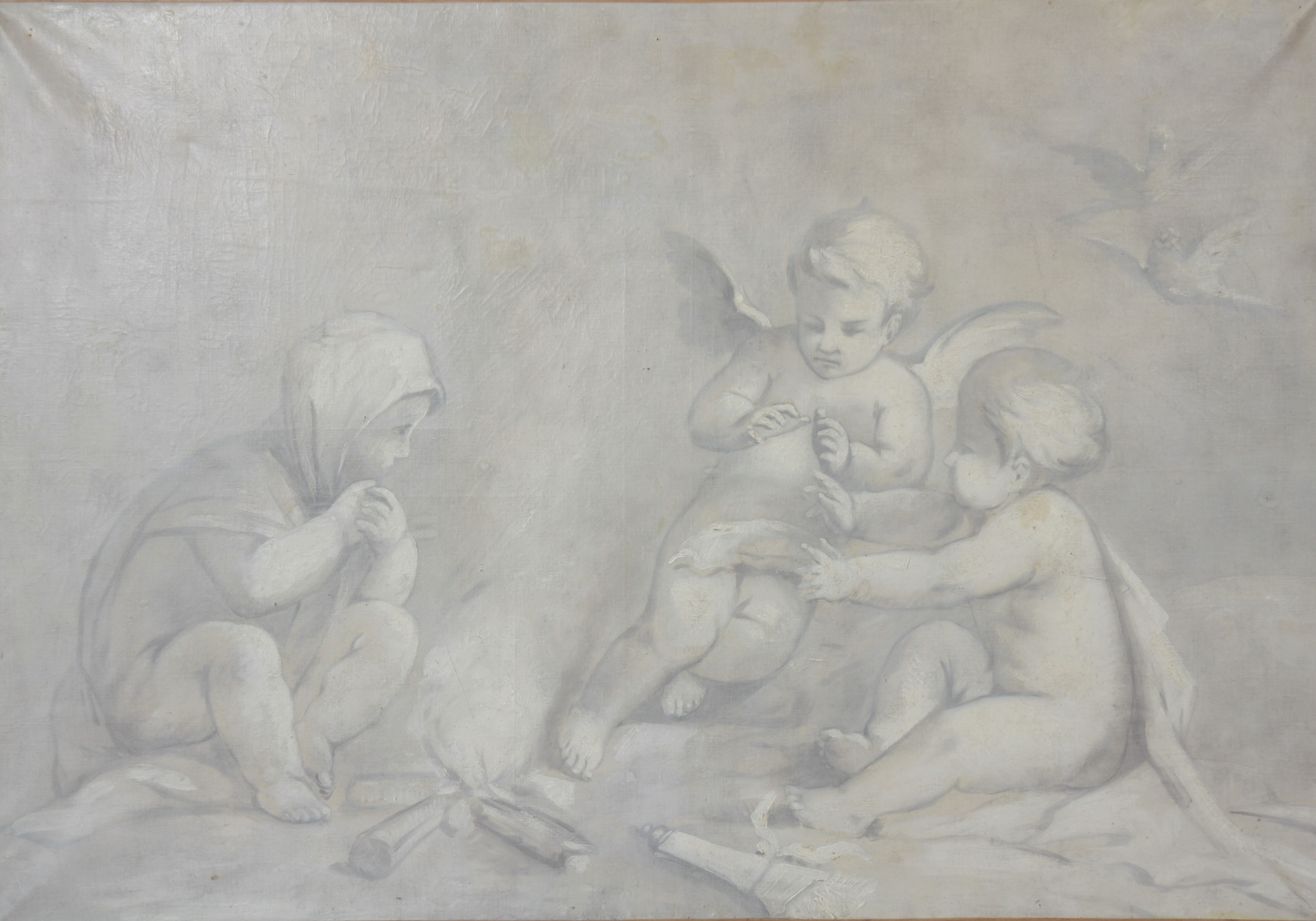 ENSEMBLE DE 3 GRISAILLES "AUX PUTTI" Huiles sur toiles. Restaurations d'usage et [...] - Image 3 of 3