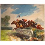 TABLEAU "COURSE DE CHEVAUX, SAUT DE HAIE " DE GENA PECHAUBES Huile sur toile, signée [...]