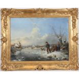 TABLEAU "JEUX D'ENFANTS SUR LA GLACE" DE BARNEKOV XIXè Huile sur toile, signée et [...]