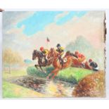 TABLEAU "COURSE DE CHEVAUX, SAUT DE LA RIVIERE " DE GENA PECHAUBES Huile sur toile, [...]