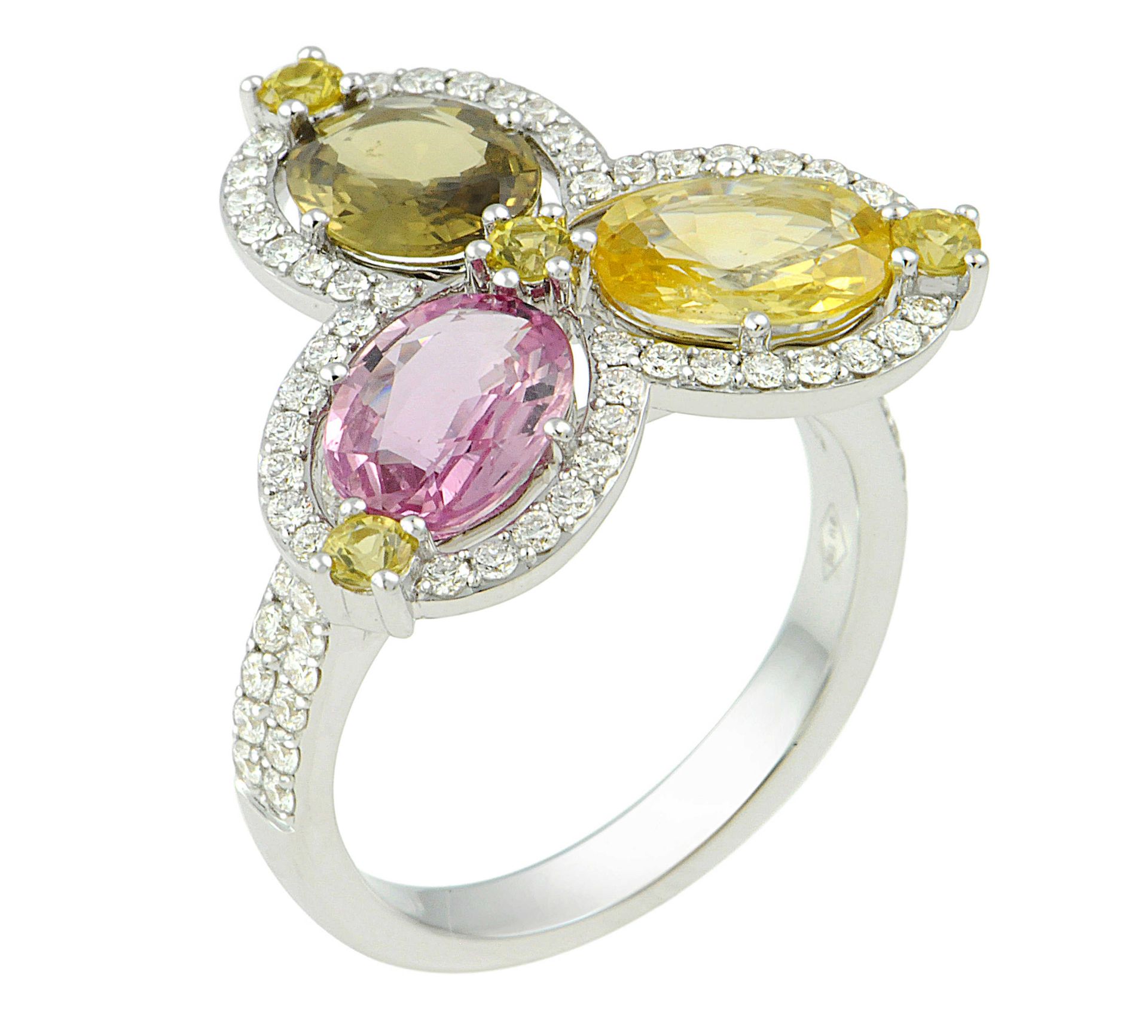 Bague or blanc sertie de 3 saphirs NATURELS ovales de couleur jaune rose et verte [...]