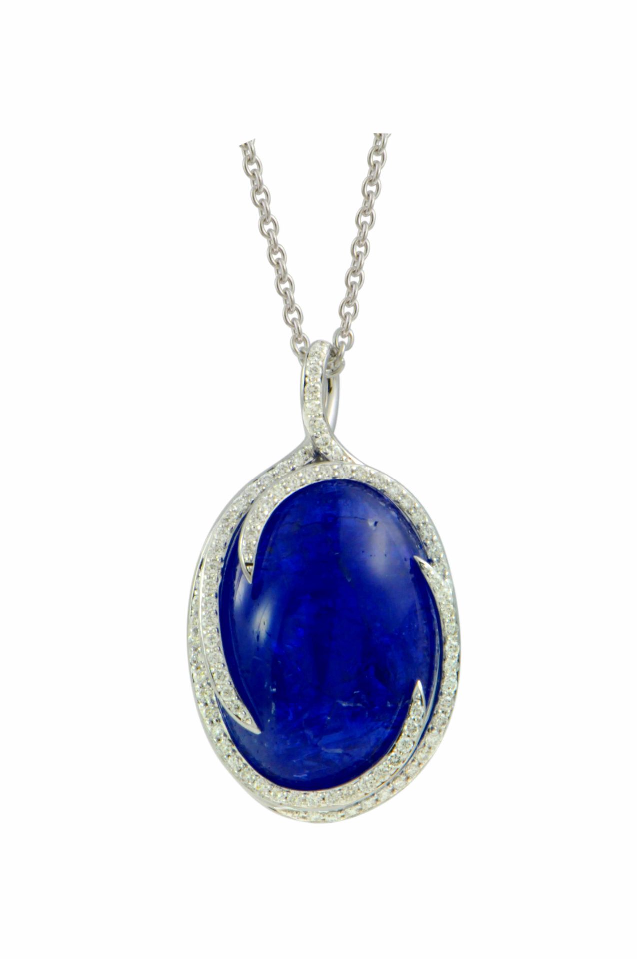 Pendentif or blanc soutenant une importante Tanzanite ovale cabochon NATURELLE pour [...]