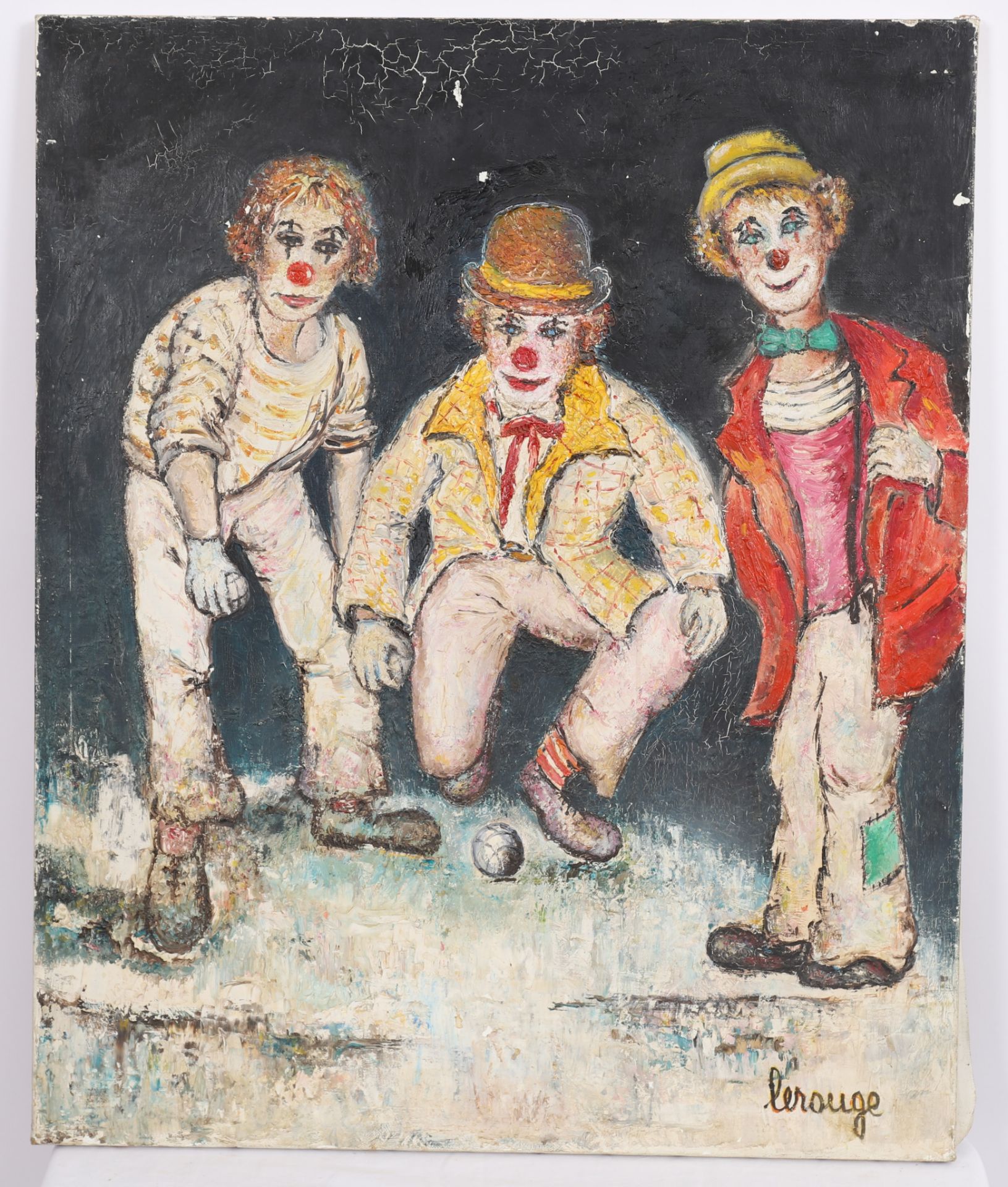 TABLEAU "CLOWNS A LA PETANQUE" DE LEROUGE Huile sur toile, signée. Etat d'usage [...]