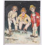 TABLEAU "CLOWNS A LA PETANQUE" DE LEROUGE Huile sur toile, signée. Etat d'usage [...]