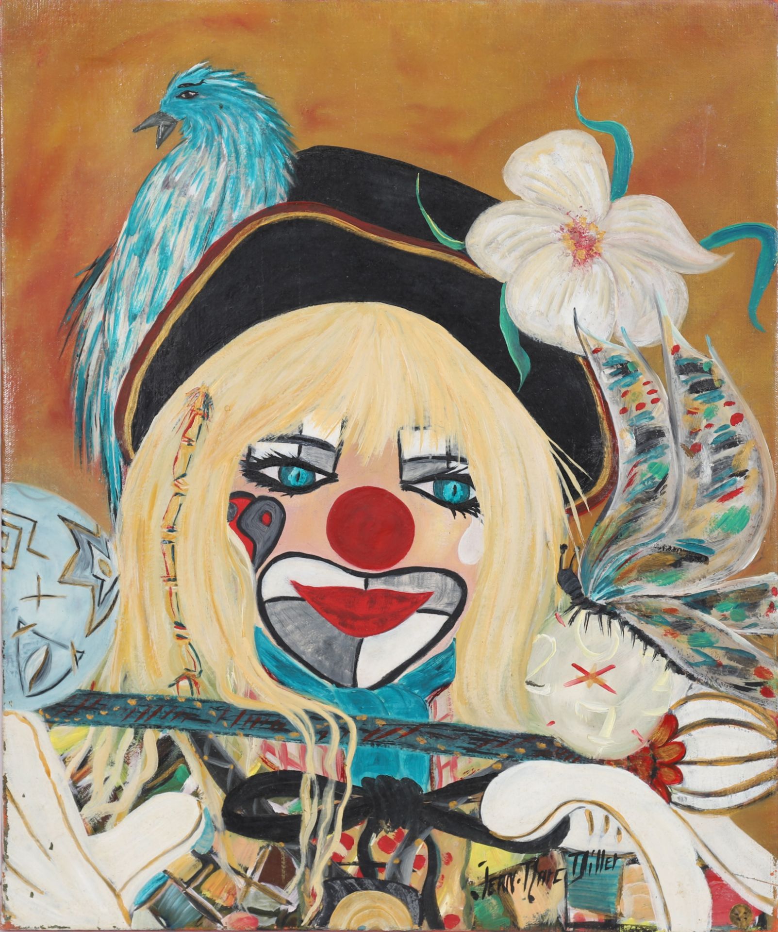 TABLEAU "FEMME CLOWN A L'OISEAU BLEU" DE JEAN-MARC MILLET Huile sur toile, [...]