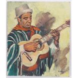 TABLEAU "GUITARISTE D'AMERIQUE DU SUD" DE ZAROU Huile sur panneau d'isorel, [...]