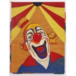 TABLEAU "CLOWN AU CHAPITEAU" Panneau de bois gravé et peint. Epoque XXème [...]