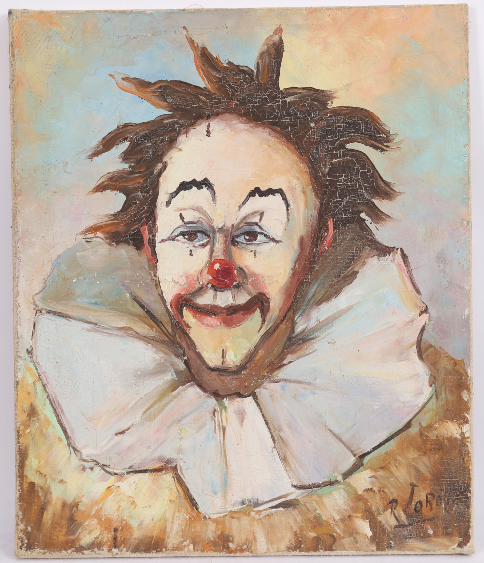 TABLEAU "CLOWN A LA COLLERETTE BLANCHE" DE R. LOROT Huile sur toile, signée. Etat [...]