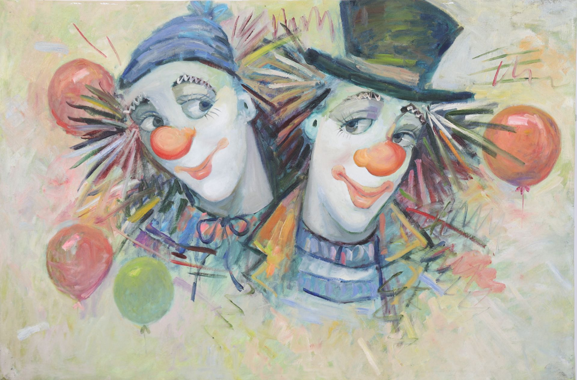 TABLEAU "DEUX CLOWNS AUX BALLONS" Huile sur toile. Epoque XXème siècle. 60 x 90 cm -