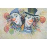 TABLEAU "DEUX CLOWNS AUX BALLONS" Huile sur toile. Epoque XXème siècle. 60 x 90 cm -