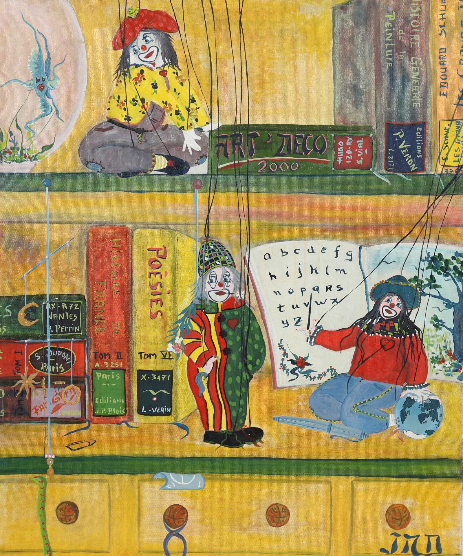 TABLEAU "BIBLIOTHEQUE AUX MARIONNETTES CLOWNS" Huile sur toile. Epoque XXème [...]