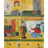 TABLEAU "BIBLIOTHEQUE AUX MARIONNETTES CLOWNS" Huile sur toile. Epoque XXème [...]