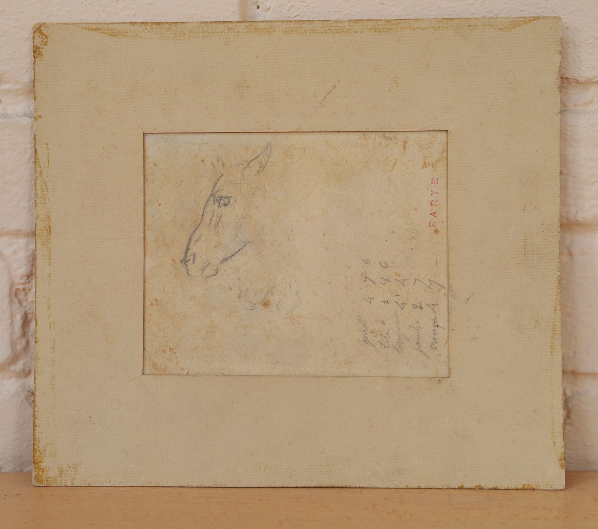 DESSIN "ETUDE DE TETE DE CHEVAL" DE BARYE Crayon sur papier, annoté, portant le [...]