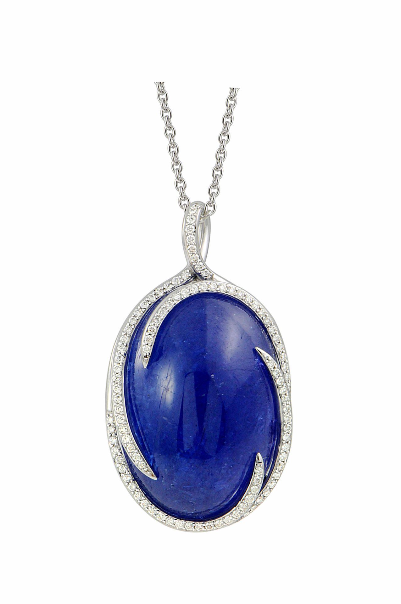 Pendentif or blanc centré d'une très importante Tanzanite ovale NATURELLE cabochon [...]