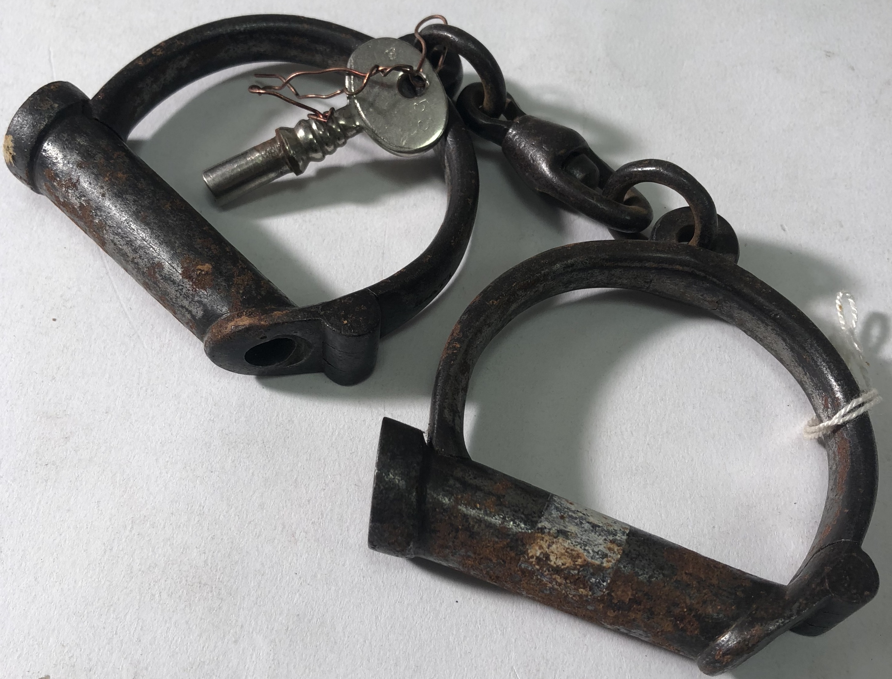 VINTAGE HANDCUFFS AND BIKE PUMP. A set of Victorian wrought iron cuffs made by Hiatt, with key. - Image 4 of 4