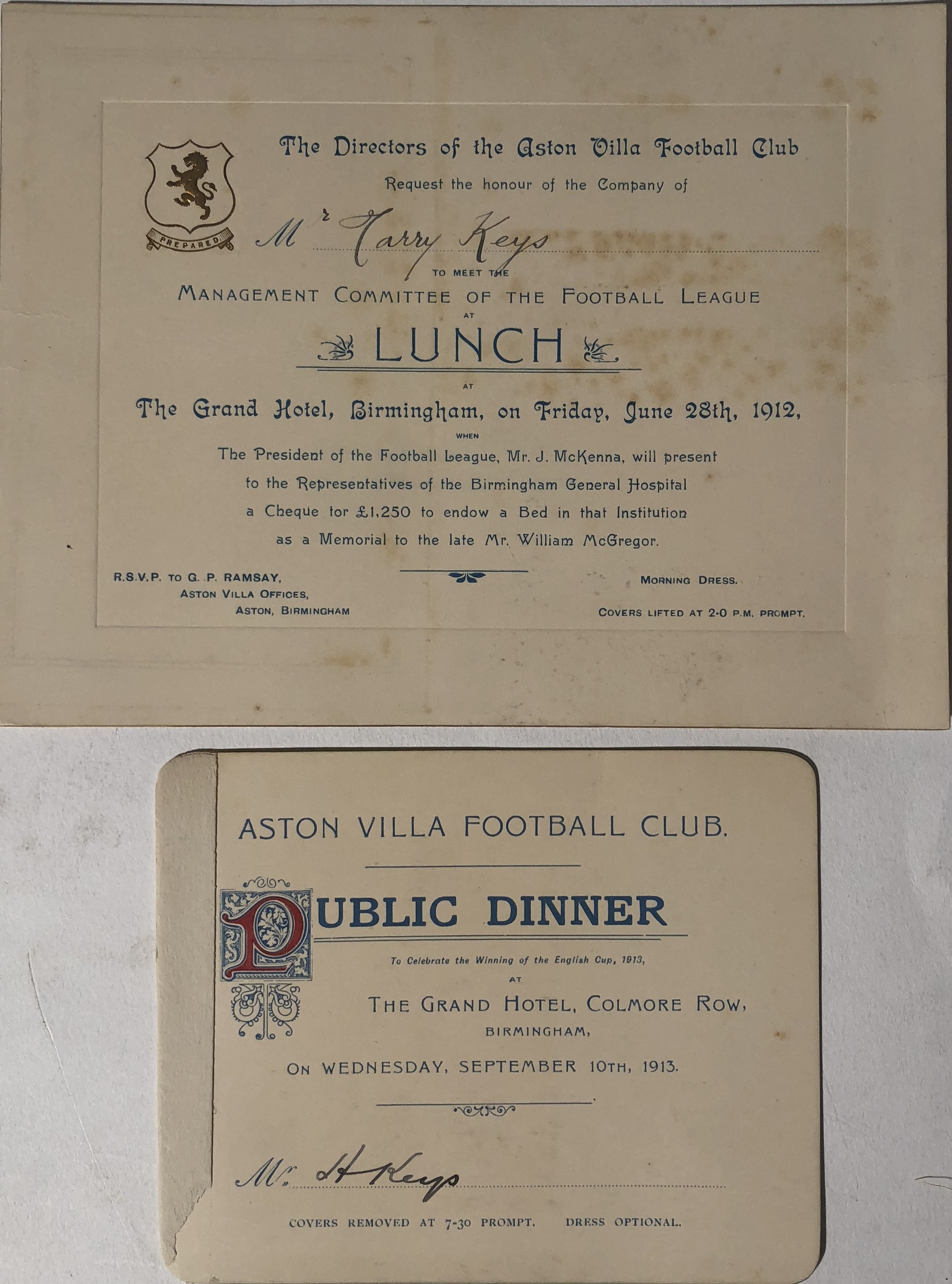 ASTON VILLA - 1912 DINNER INVITATIONS.