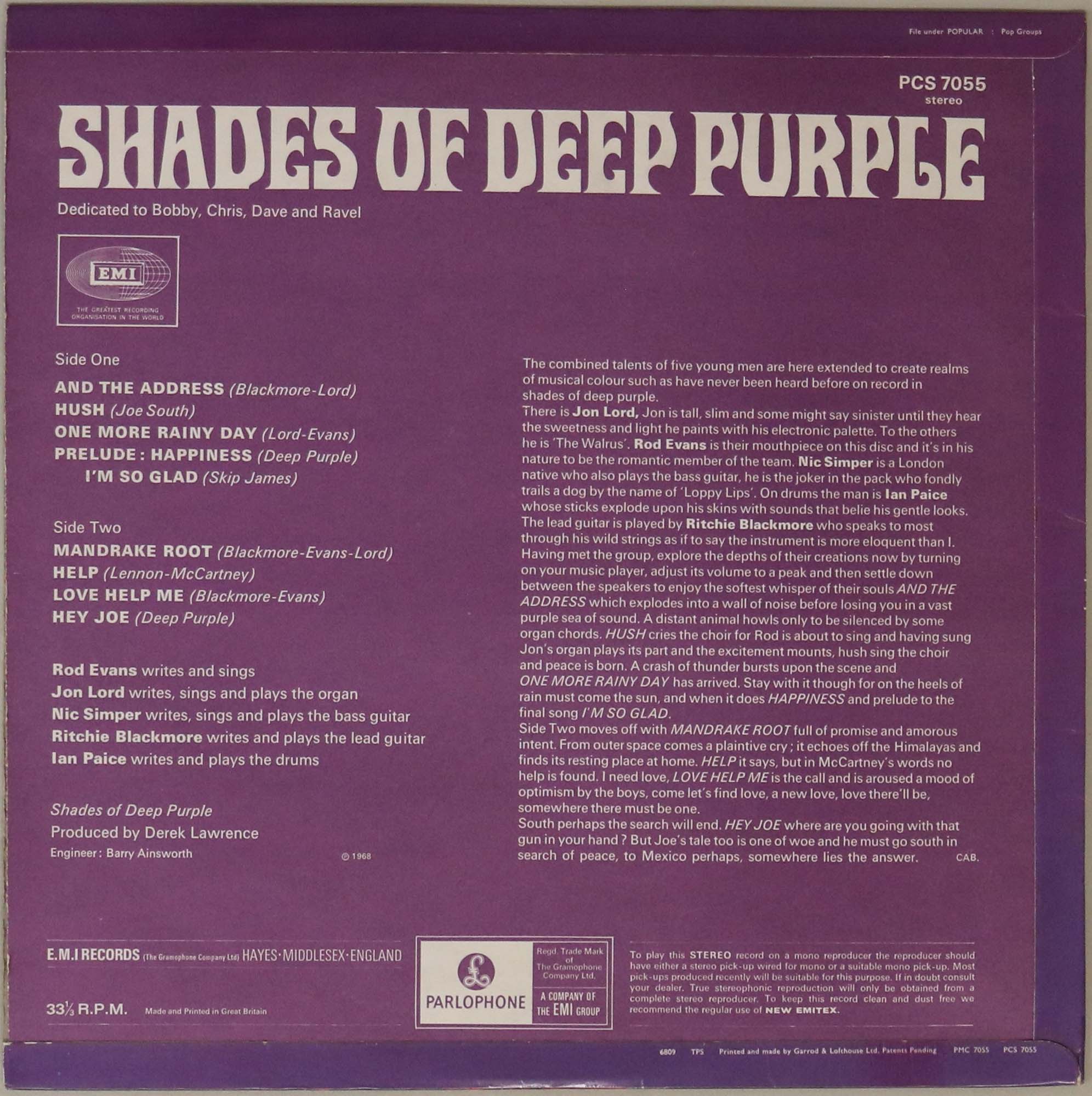 DEEP PURPLE - SHADES OF DEEP PURPLE LP (1ST UK STEREO PRESSING PCS 7055). - Image 2 of 4