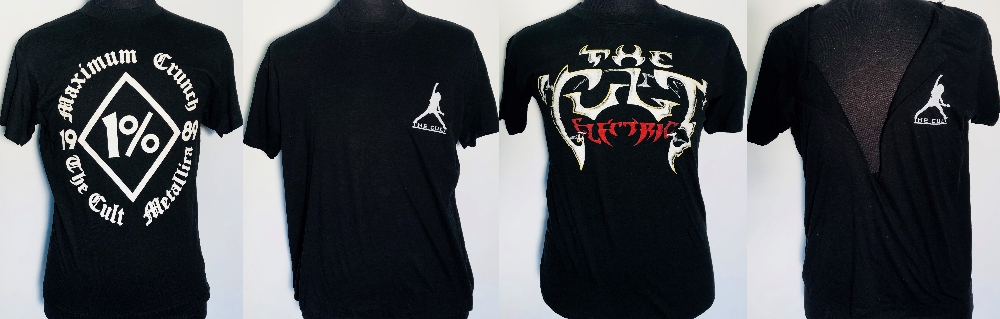 THE CULT T-SHIRTS. Four assorted Cult t-shirts, including Maximum Crunch with Metallica 1989.