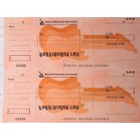 HARRISONGS CHEQUES. A sheet containing two unused cheques in the name of Harrisongs Ltd.