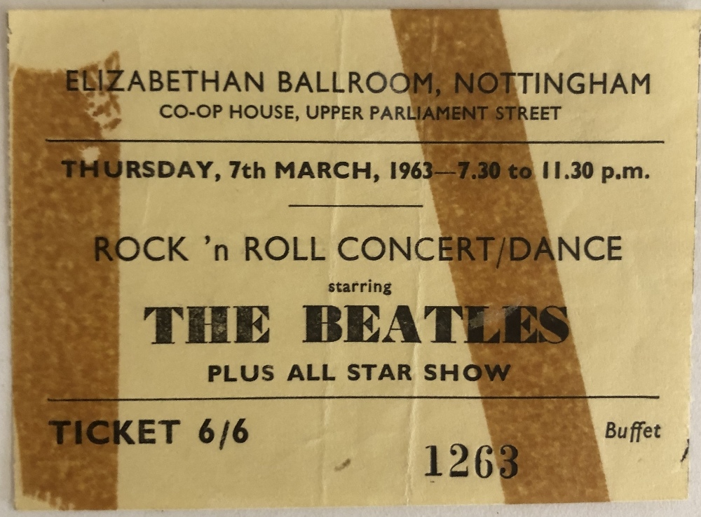 BEATLES ELIZABETHAN BALLROOM NOTTINGHAM 1963 TICKET.