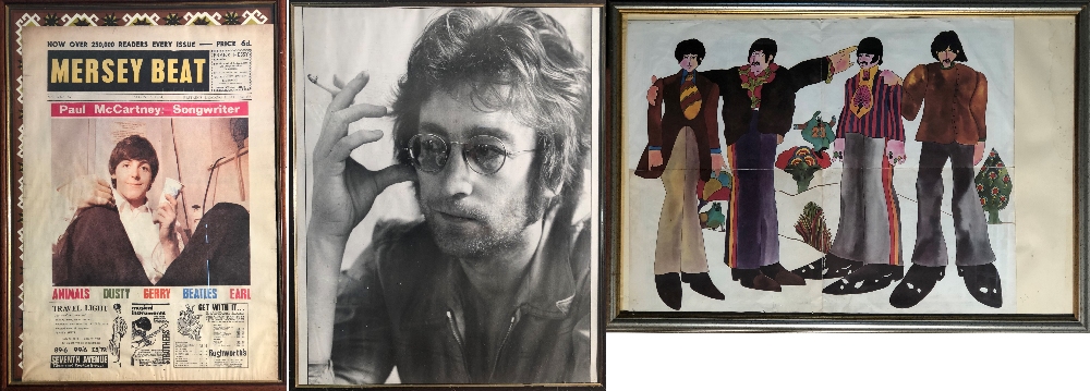 BEATLES FRAMED. Three framed items to include: Paul McCartney - Mersey Beat framed poster (27.5x37.