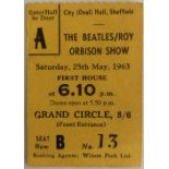 BEATLES CITY HALL SHEFFIELD 1963 TICKET. From the Beatles & Roy Orbison show on 25th May 1963.
