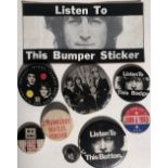 BEATLES BADGES. Collection of eight original pin badges and one 'bumper' sticker.