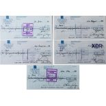 HARRISONGS CHEQUES. Five used American Express cheques paid by Harrisongs Ltd in 1988.