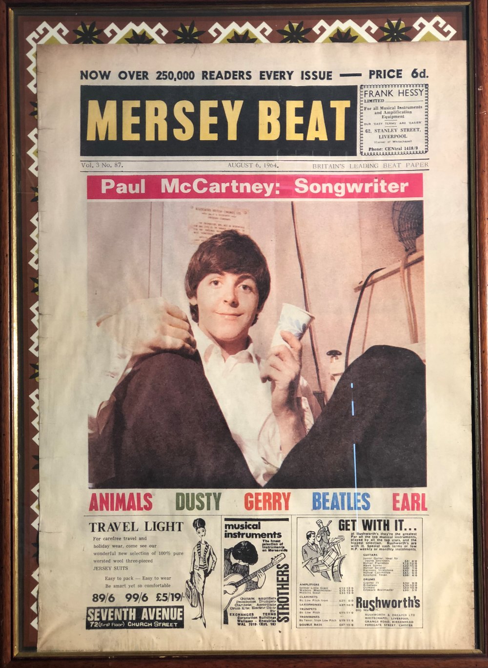 BEATLES FRAMED. Three framed items to include: Paul McCartney - Mersey Beat framed poster (27.5x37. - Image 2 of 7