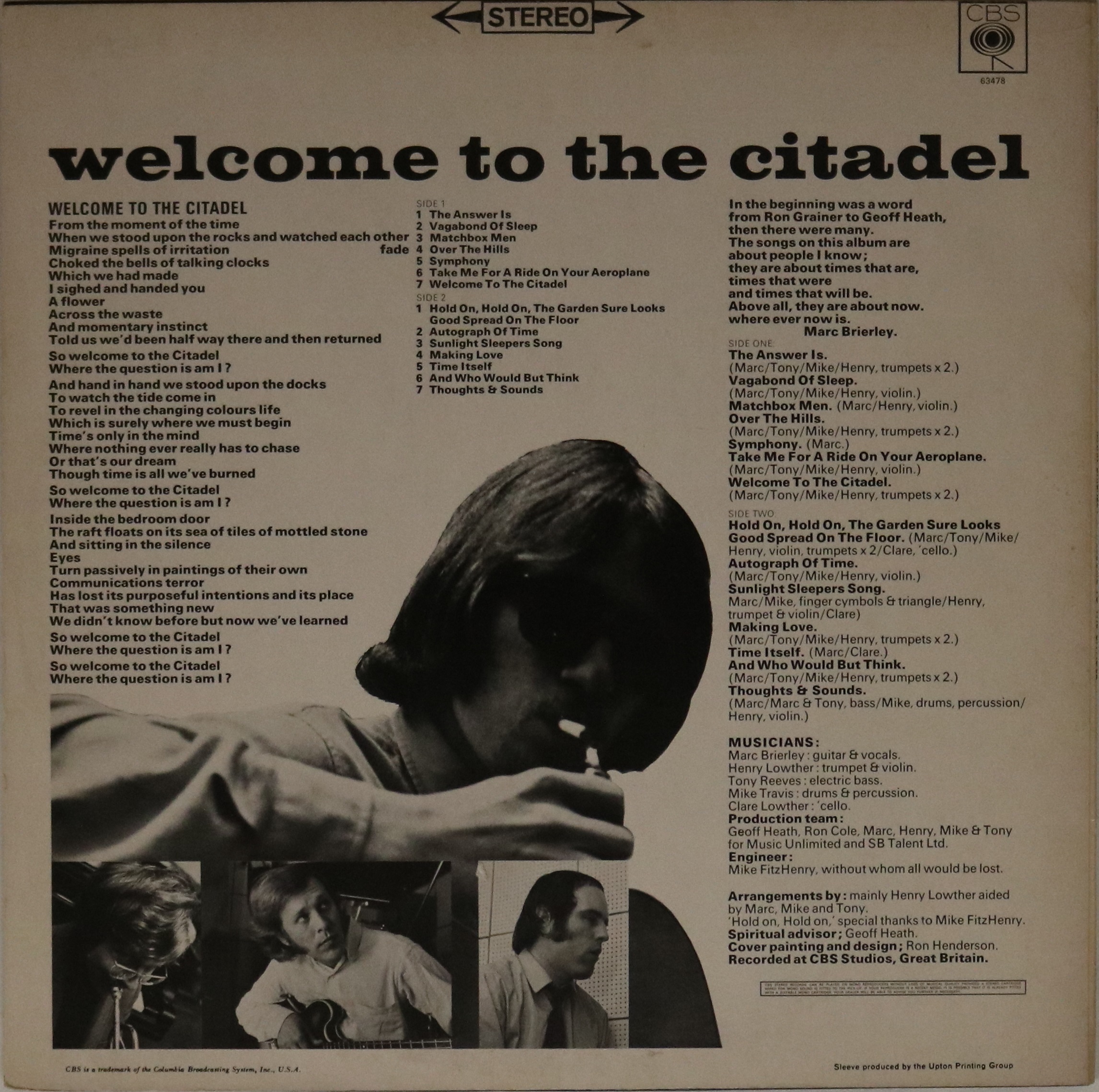 MARC BRIERLEY - WELCOME TO THE CITADEL LP (ORIGINAL UK PRESSING - CBS S 63478). - Image 2 of 2