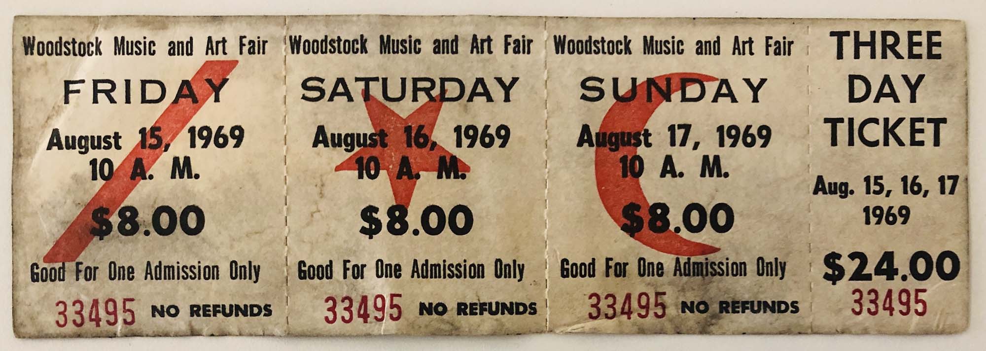 WOODSTOCK TICKET. A complete three day ticket for the 1969 Woodstock festival.