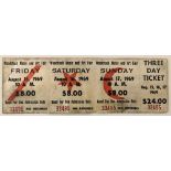 WOODSTOCK TICKET. A complete three day ticket for the 1969 Woodstock festival.