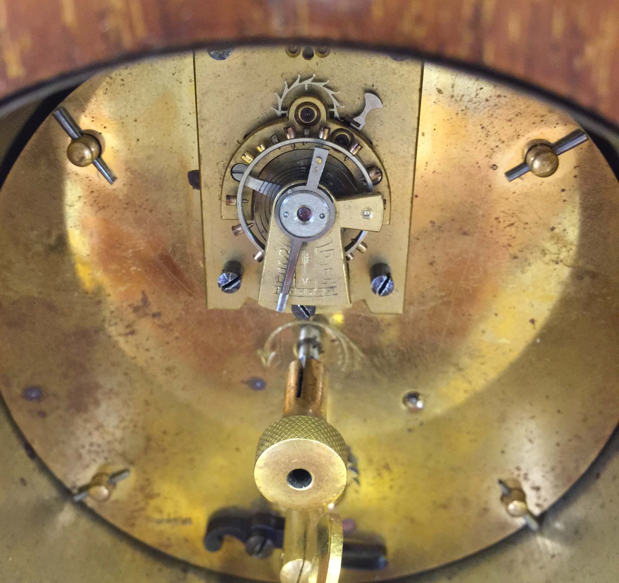 EDWARDIAN MANTLE CLOCK. A Brownlee & Son, Edinburgh inlaid mantle clock with French drum movement. - Image 5 of 6