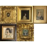 FRAMED PORTRAITS. Five small portraits of women in similar styles with frames to measure: 7.5x7.