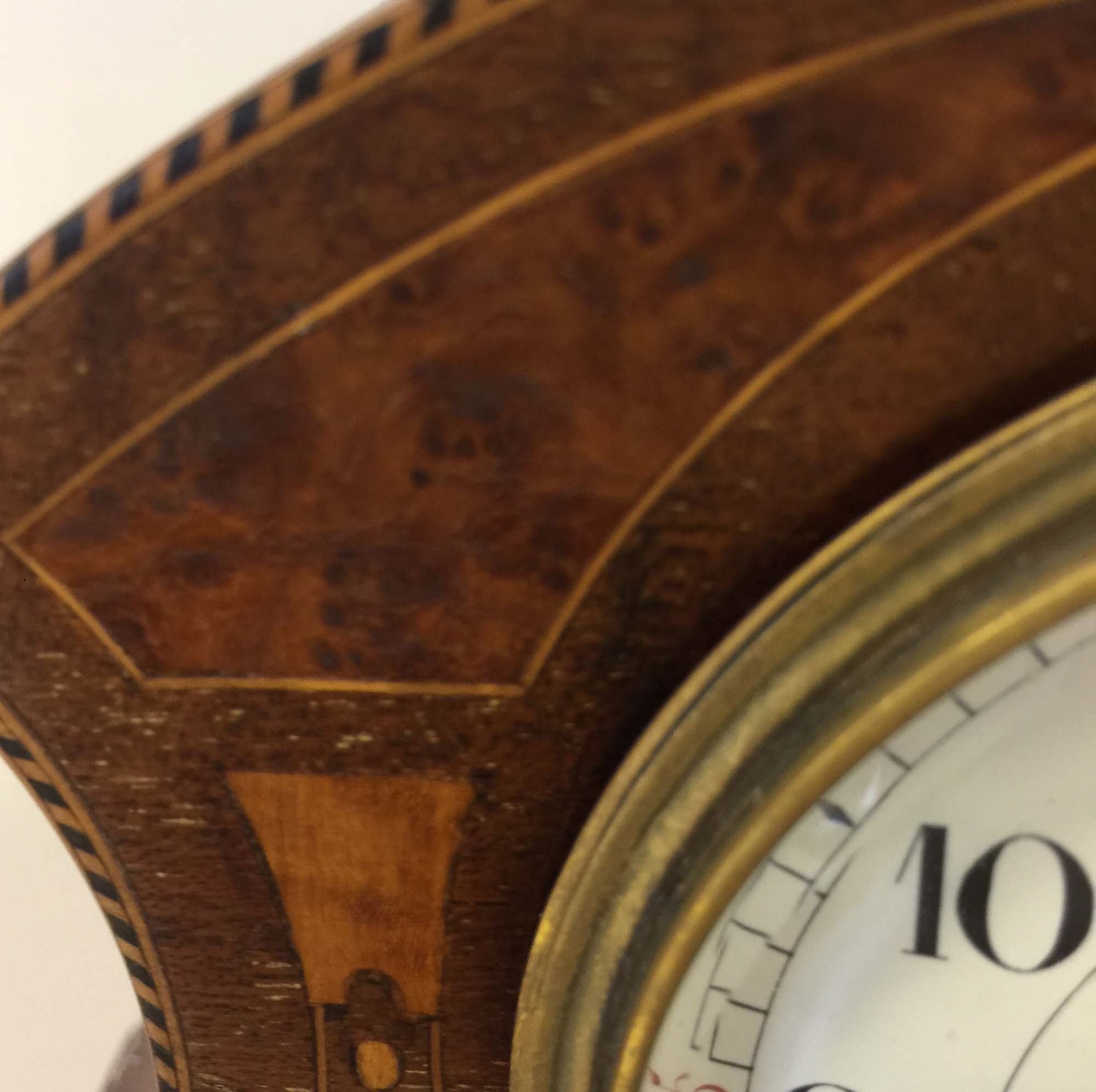 EDWARDIAN MANTLE CLOCK. A Brownlee & Son, Edinburgh inlaid mantle clock with French drum movement. - Image 2 of 6