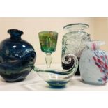 MIXED GLASS. Six pieces of coloured glass, to include goblets, vases, candle-holders.