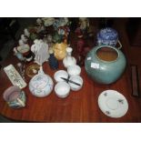 Assorted decorative china : German studio pottery vase, character jugs, cloisonne owls,