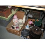 2 x boxes of assorted china : Pig ornaments F& M biscuit barrel and other collectables