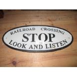 Cast iron railway advertising sign : Stop, Look,