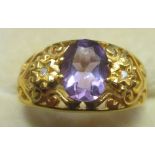 9 ct gold ring set with amethyst and diamonds size 56,