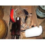 Box of assorted advertising bottles, Carlton ware ashtray etc.