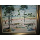 20 th century Australian Aboriginal painting on artists board by Miriam Hagan : Acacia trees,