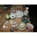 Decorative china : pill boxes, blue and white meat plates, vintage sewing box etc.