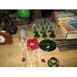 Assorted decorative glassware : Kosta paperweight, decanters, wine glasses etc.