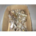 Box of assorted silver plated cutlery, teaspoon sets, plated marrow scoop etc.