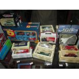 Shelf of boxed die cast toy cars : Matchbox 5 collection , Corgi,